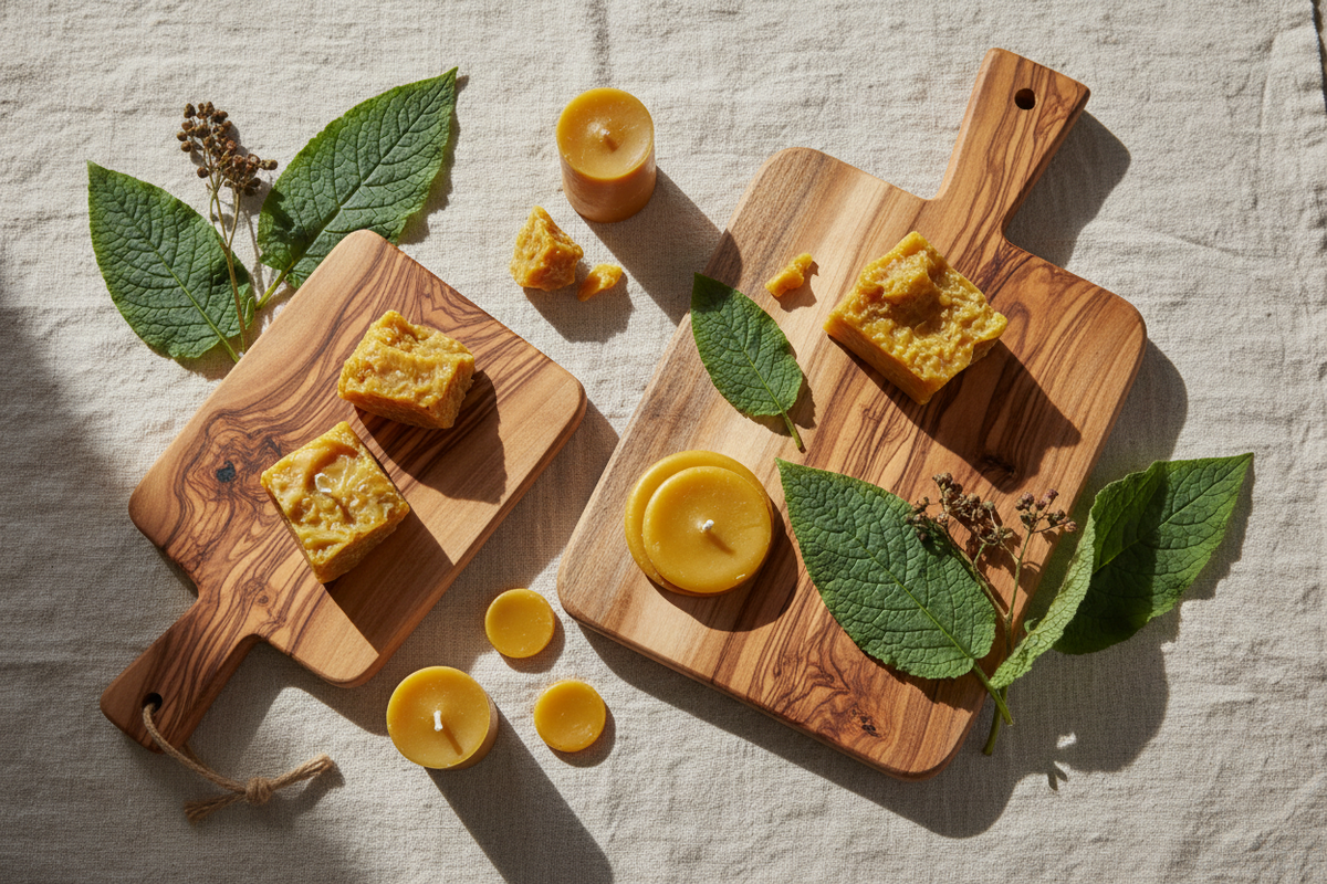 Home page hero — linen, wooden cutting boards, beeswax and comfrey leaves